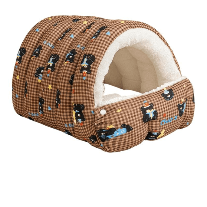 Semi-enclosed Pet Bed, Upgraded Corduroy, Brown White Plaid, Size L, For Pets Under 20lbs