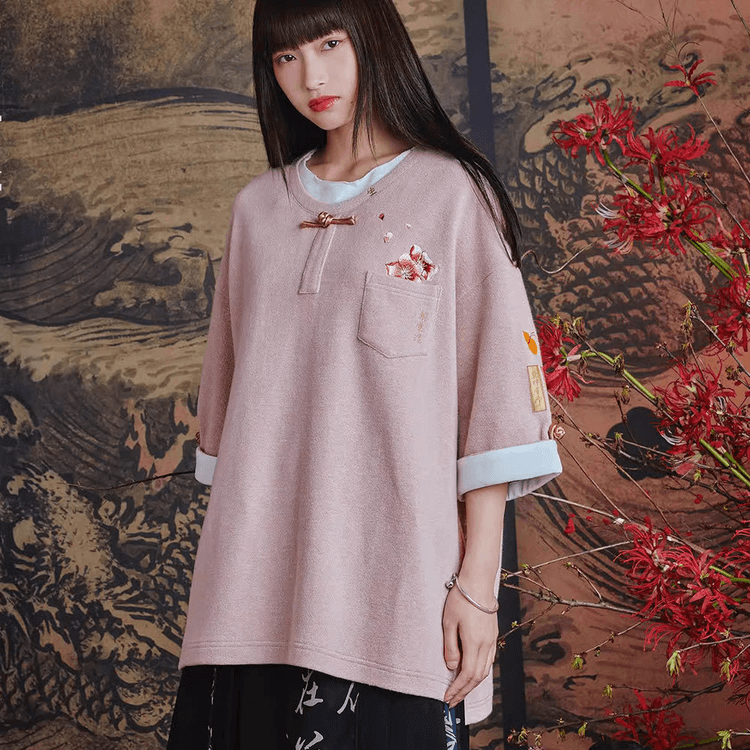 Chinese Peach Blossom Embroidered Print Retro Button Short Sleeve