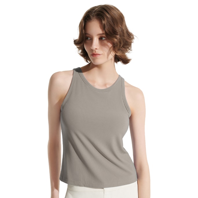  Ribbed Bra-in Tank Top with Pads - Soft Almond S