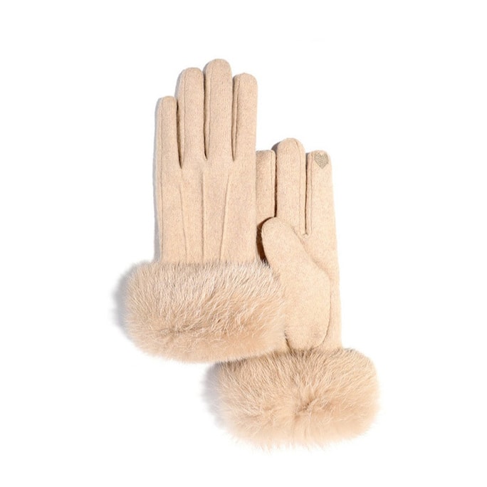 Winter Warm Cashmere Embroidery Windproof Cycling Mittens Female Thick Plush Touch Screen Driving Glove beige 1 pc