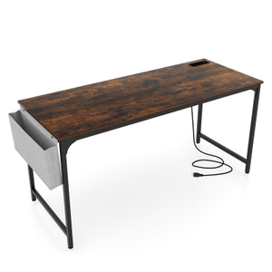 60 Inch Computer Desk With ChargIng Station Storage Bag-Rustic Brown