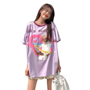 【中國直郵】 HSPM 新款塗鴉印花減齡百搭短袖 淺紫貓 S