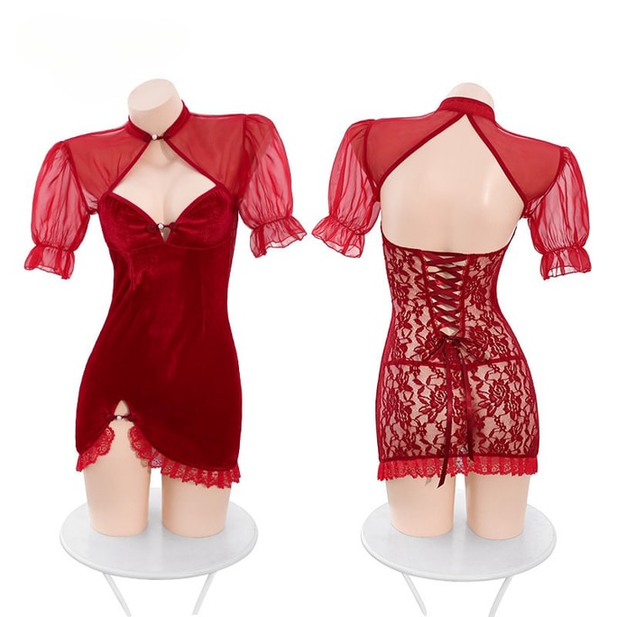 Fun Lingerie Sexy Slit Velvet Lace Charming Cheongsam Red One Size