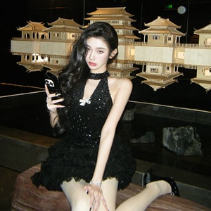 Christmas Outfit Dress Sequin Puff Skirt New Year Birthday Gown Black XS