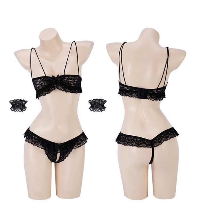 Funny lingerie sexy sling lace three-point split suit Black One Size