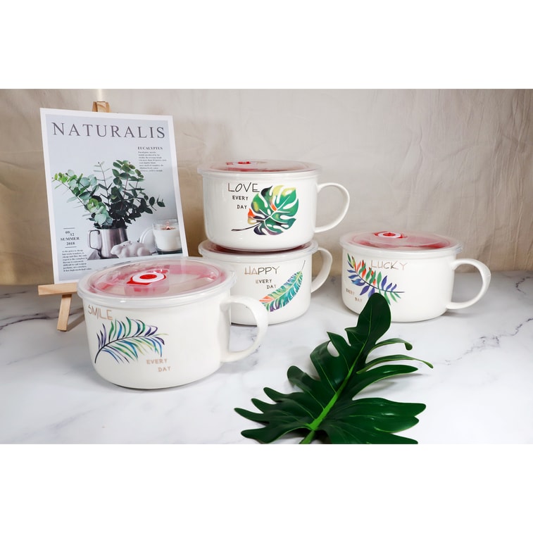 GINKGOHOME Microwavable Ceramic Noodle Bowl with Handle and Seal Fine Porcelain Green Leaf Design - Leaf 4 24oz 5