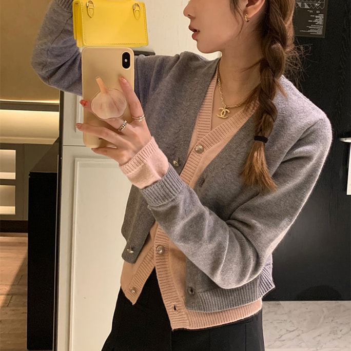 【中国直送】Shedi Xiong 新しいレイジースタイルフェイクツーピース V ネックニットカーディガンルーズスリミング多用途トップスグレーワンサイズ