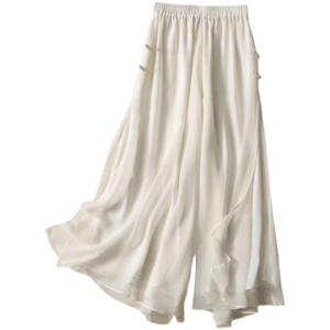 Chinese Style High Waist Knot Button Loose Fit Cropped Wide-leg Pants White M
