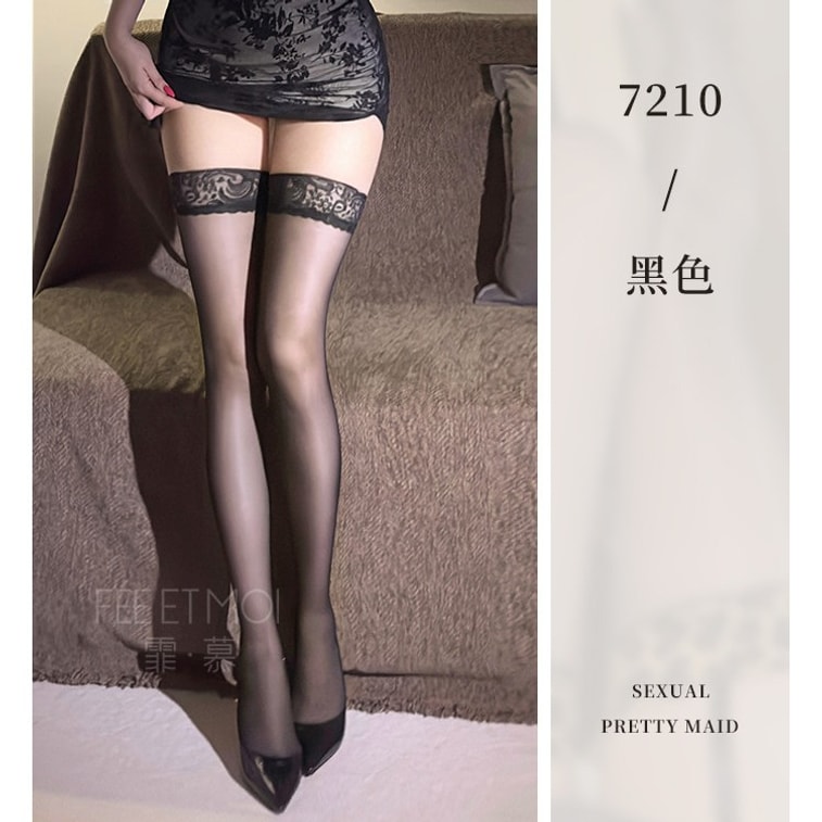Faymo 무릎 위 긴 양말, 단색 레이스 슬림핏 초박형 꽃 장식 스타킹 여성용 7210 블랙 시스루 허벅지 양말 1개입 3