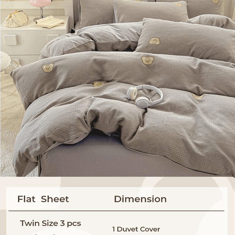 【中国直邮】 Lullabuy 华夫格小熊刺绣纯棉床上四件套(床笠款) 黄绿色-Queen