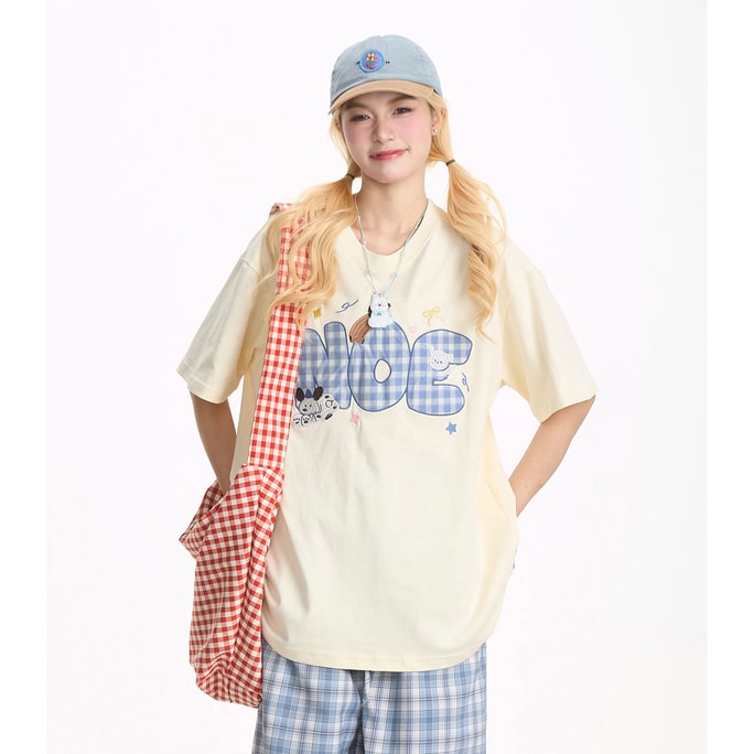 New Loose And Cute Puppy Checkered Embroidered Short Sleeved T-Shirt In Apricot Color S
