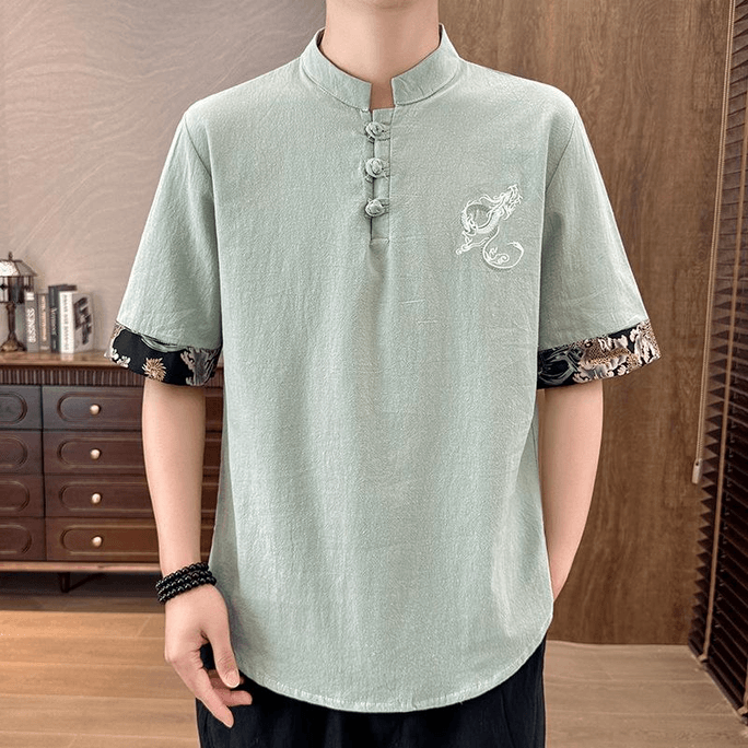 Chinese Style Linen-Cotton Embroidery Knot Button Tang Suit Shirt Light-green XL