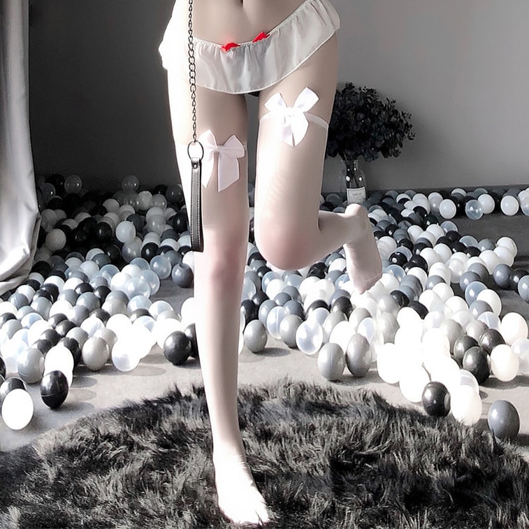 [중국 직배송] 마냥 섹시 리본 와이드 챙 시스루 스타킹, 허벅지까지 오는 길이의 란제리 스타킹, 흰색 리본 장식 흰색 스타킹, 프리사이즈 8