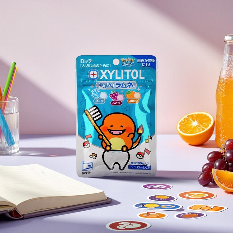 日本LOTTE乐天POKEMON宝可梦木糖醇护齿汽水糖苏打水葡萄桔子口味32g