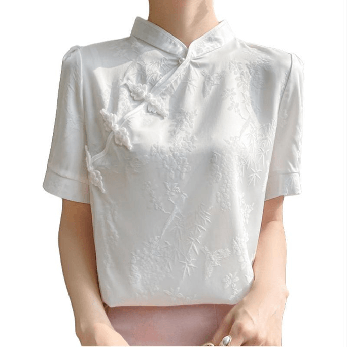 Chinese Style Stain Retro Button Stand Collar T Shirt Tops White M