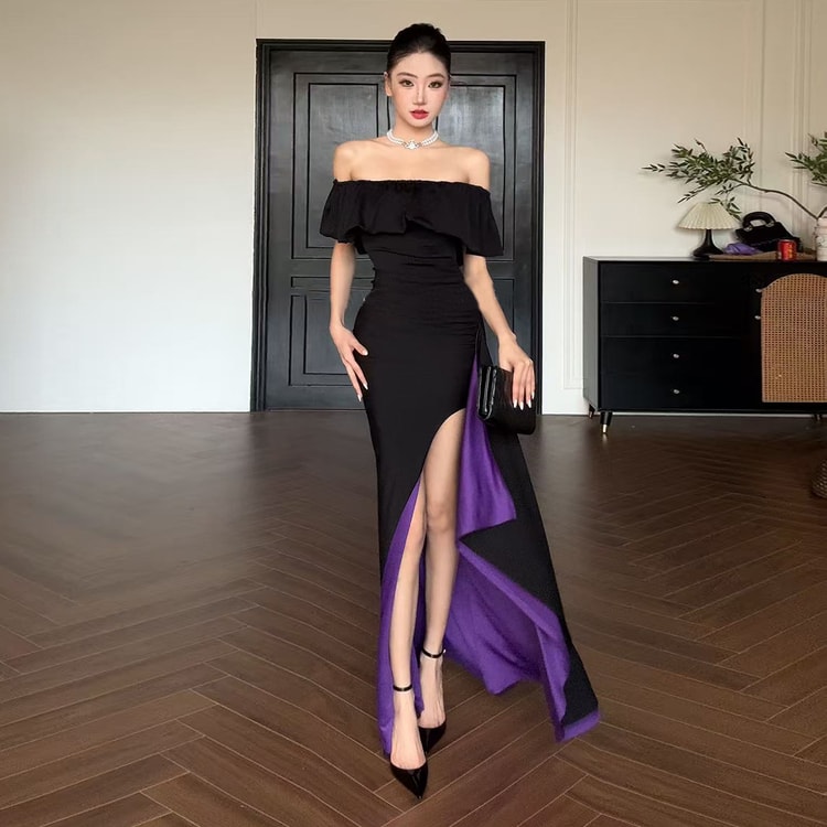 french inspired formal dresses Style Pure Desire Dress Black With Purple Underside Size XL 1 Piece Slimming Tube High Slit Elegant Long Dress BIS-08-01-24