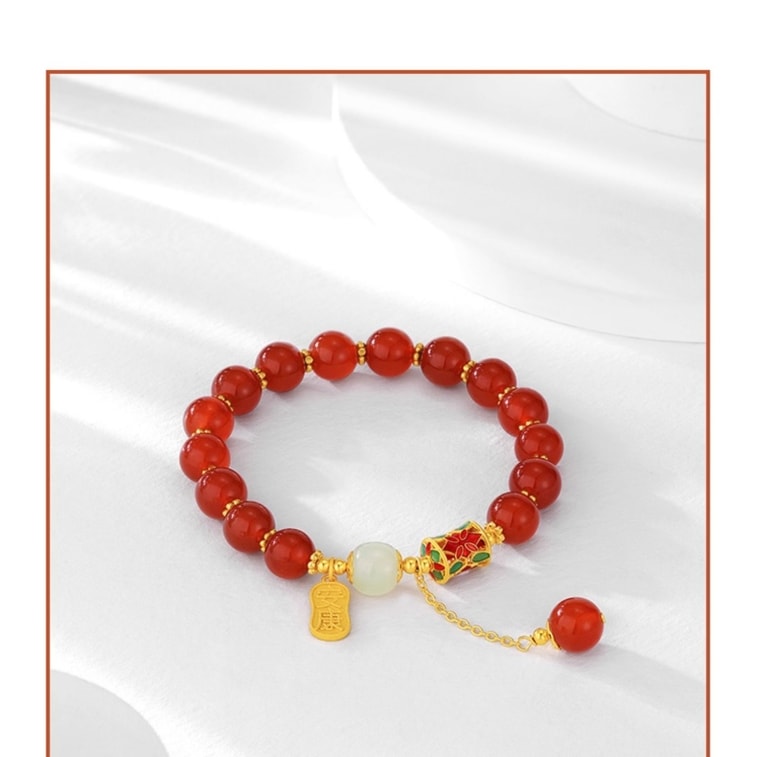 【中国直邮】 周大生 红玛瑙玉髓手链女生和田玉红豆高级国风手串生日礼物送女友 一个装 3