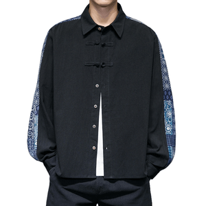 ASIS 중국 스타일 레트로 리넨 버튼 탱 정장 재킷 남자 셔츠 - 블랙 4XL