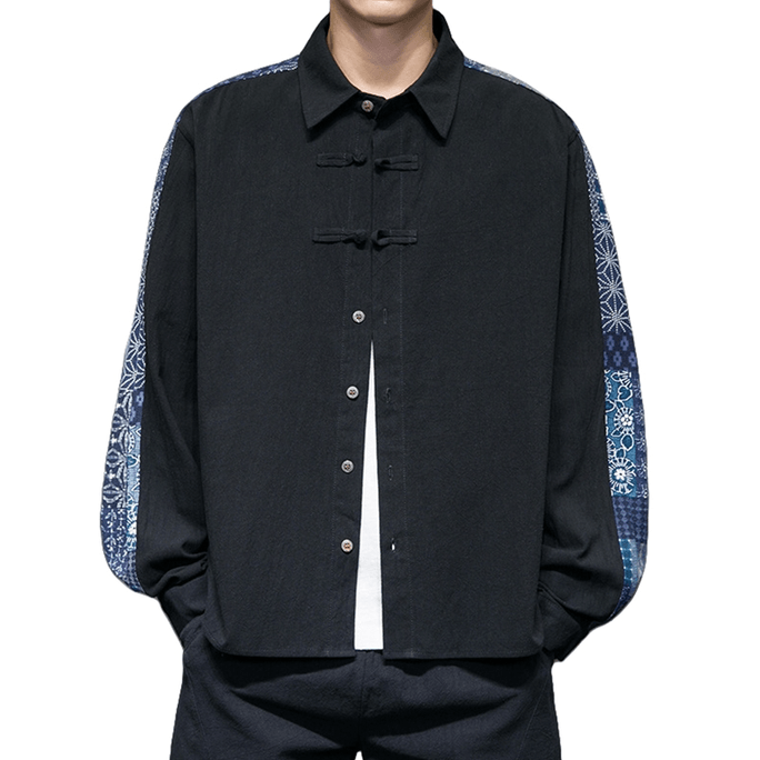 Chinese Style Ramie Retro Button Tang-costume Coat Shirt For Men Black X-Large