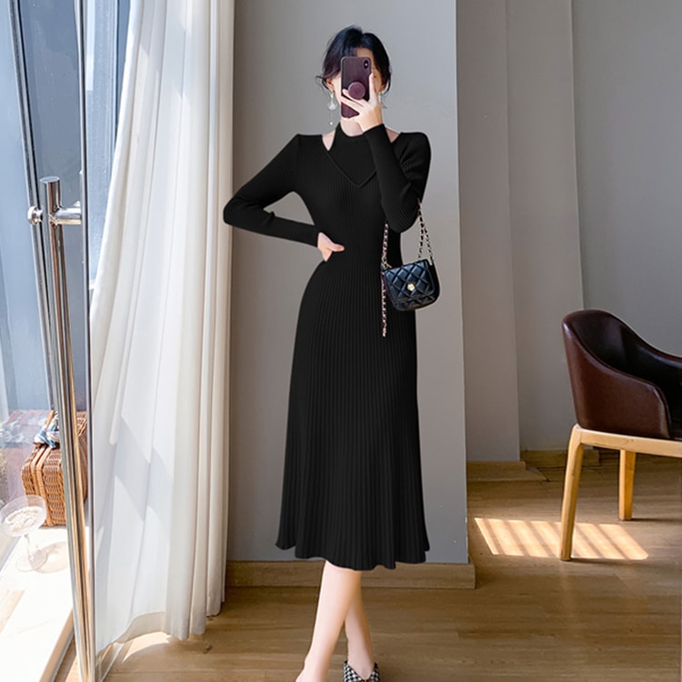 New Interior Bottom A-Line Hanging Neck Knitted Dress In Black L
