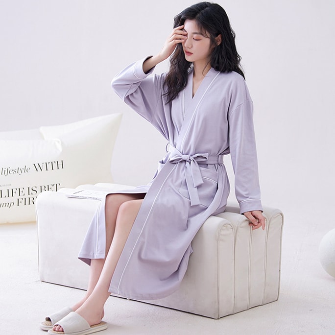 New Long Sleeved Tied Solid Color Bathrobe For Home Wear Can Be Worn Outside In Purple L