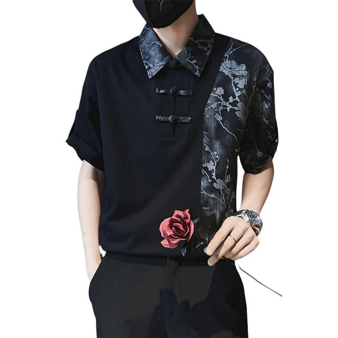 【中國直郵】 ASIS 新中式男士撞色印花盤扣短袖襯衣-黑色 XL