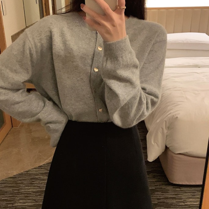 Autumn And Winter Simple Knitted Soft Glutinous Sweater Coat Light Grey