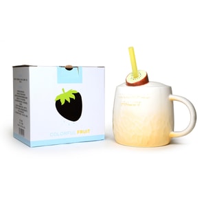 GINKGOHOME 夏日清凉 可爱立体水果陶瓷杯带吸管 精美陶瓷杯具 早餐办公室马克杯 猕猴桃 16oz