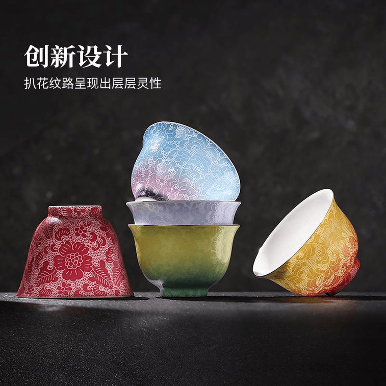 【中國直郵】 復古陶瓷 景德鎮官方陶瓷雙色扒花主人杯輕奢高級茶杯 蓋碗落日餘暉7.2cm*1只裝 3