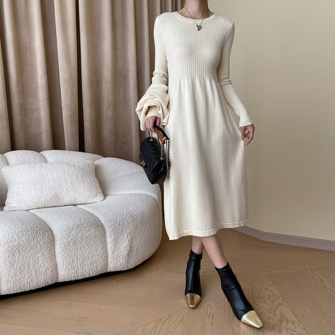 【中國直郵】 HSPM 博主風層次疊穿連身裙 麻花紋蝙蝠袖針織衫 連身裙兩件套裝 杏色M