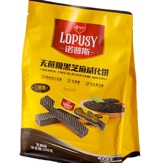 【中国直邮】 丹夫 诺普斯无蔗糖黑芝麻味威化饼干208g*1袋