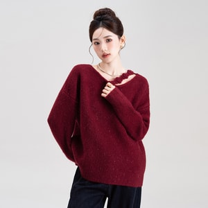 New Slanted Shoulder Floral Design Pullover Sweater In Red S