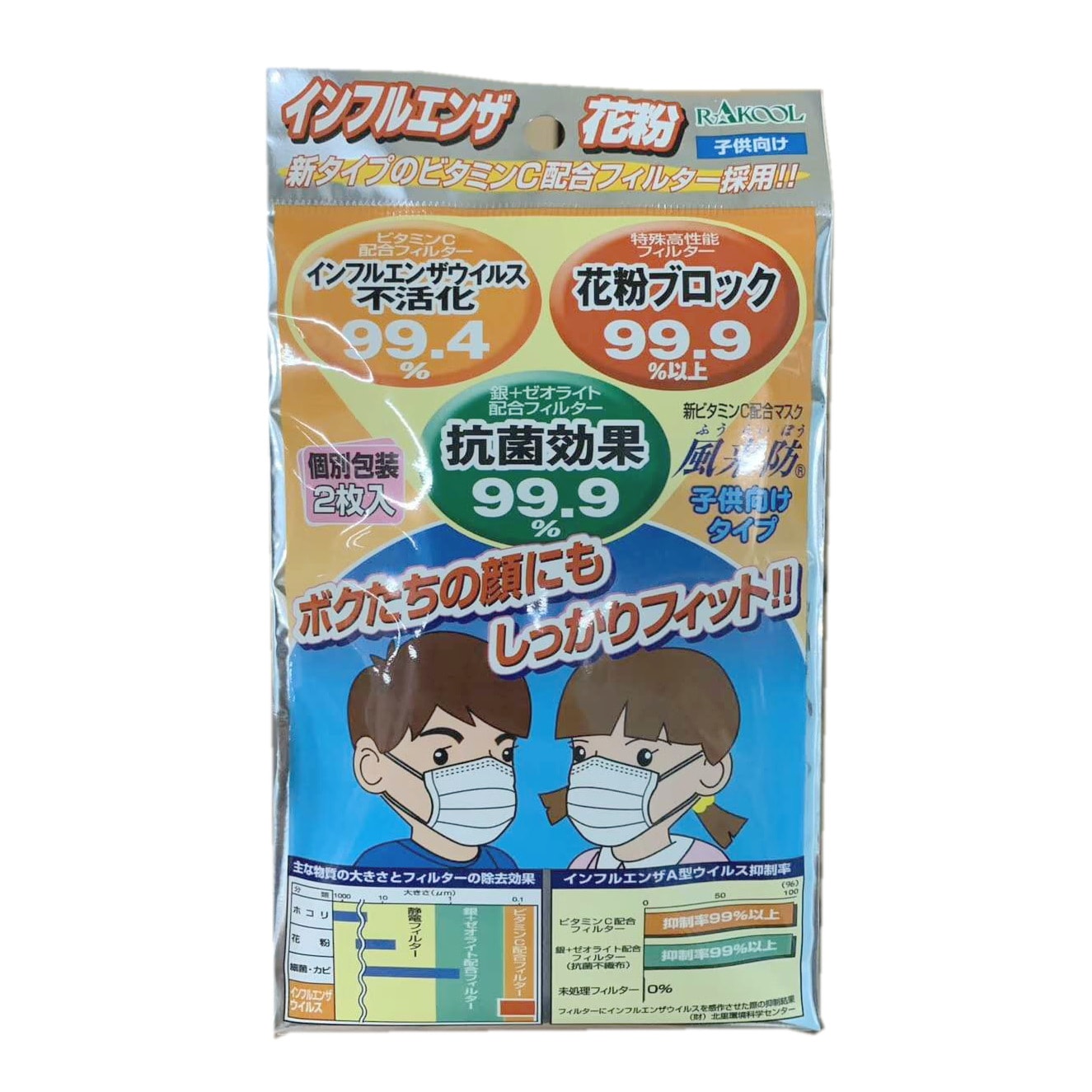 防疫必备日本风来防维他命c维cvc配合儿童抗菌防花粉防飞沫口罩2片袋