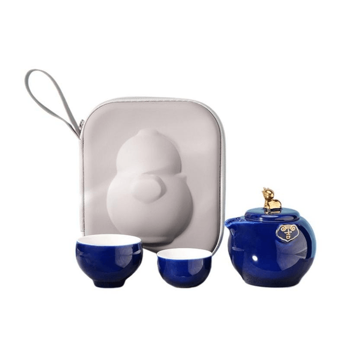 【中国直邮】 故宫博物院 福禄大吉旅行茶具宝蓝 一壶两杯 包装26*12*22cm