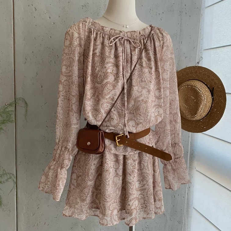 [캐나다 직배송] SCENARIO 로저 페이즐리 프린트 3피스 세트 (상의 + 스커트 + 벨트) - 원 사이즈 - 베이지 6