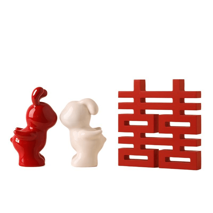 Beihanmei Couple Rabbit Ornament Ceramic Kiss Rabbit+Wedding Character Ornament 17.5cm