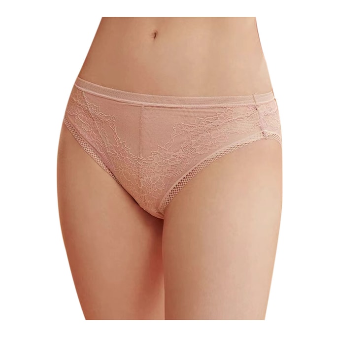 Real Silk Mid-Rise Breathable Women's Underwear Sexy Lace Thin Briefs NZFBC202# Pink Beige S