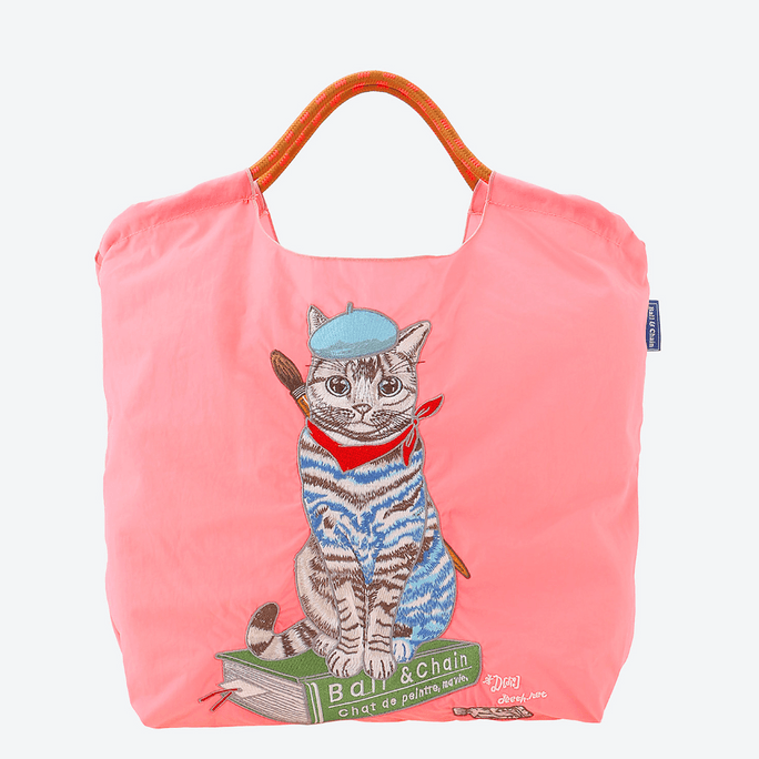 Ball Chain Embroidered Reusable Bag Painter Cat Pink Medium