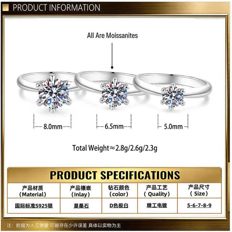 Sterling Silver Ring Zircon 8MM US Size 5 1 Piece Six‑Prong Setting Moissanite S925 Sterling Silver Minimalist Versatile Engagement Wedding Ring 10