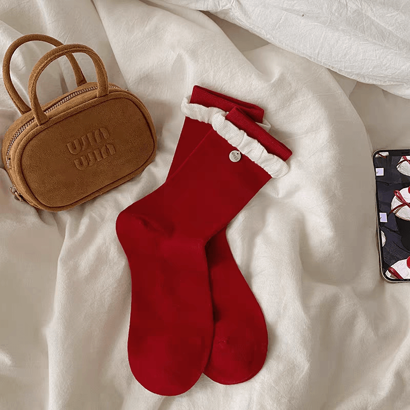 糖宝好物 秋冬季本命年大红色袜子女中筒袜红色木耳边+红色纽扣 均码2双装