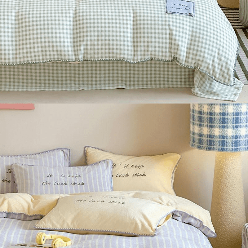 【中国直邮】 Lullabuy 撞色格子条纹床上四件套 床品被套枕套(床笠款)葡萄奶昔-Queen