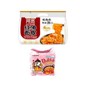 【Perfect Pairing】SAMYANG Buldak Noodles Carbonara Flavor, 22.9 oz + A Kuan Broad Noodle Sour & Hot Flavor 16.22 oz