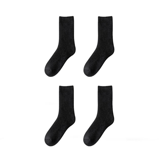 Women Solid Color Thickened Warm Mid Tube Looped Socks Black One Size 2 Pairs