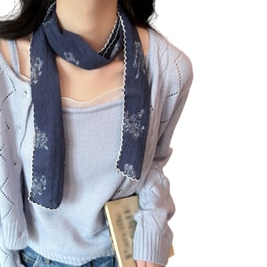 Sophisticated Retro Scarf, Cotton Linen Striped Long Skinny Scarf Navy Blue Floral F 1Piece