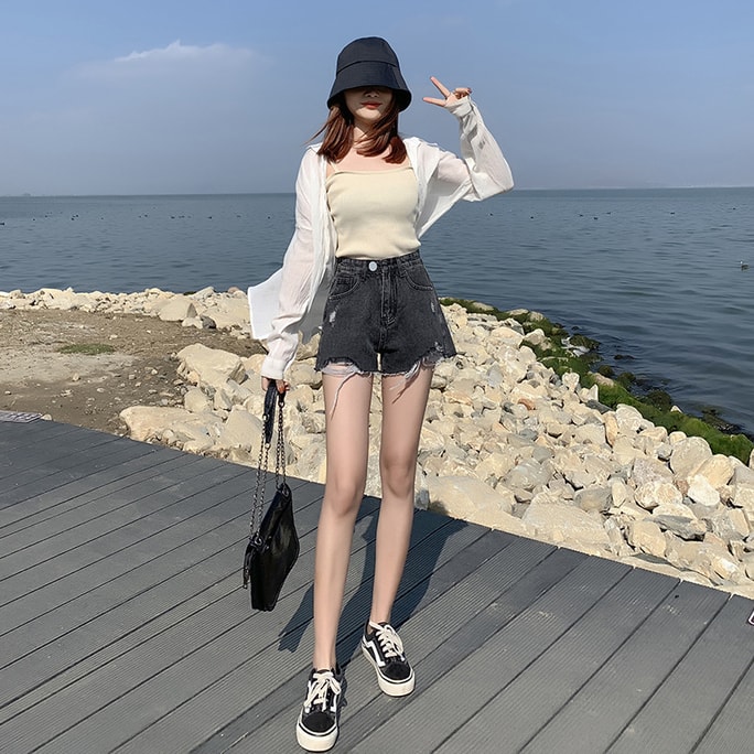 Denim shorts spring and summer new high-waisted thin and high-ripped wide-leg pants