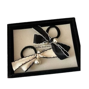 Korean NYU high-end French style small fragrance black and white pearl bow headband hair loop hair rope rubber band meatball hair accessory 1 pair