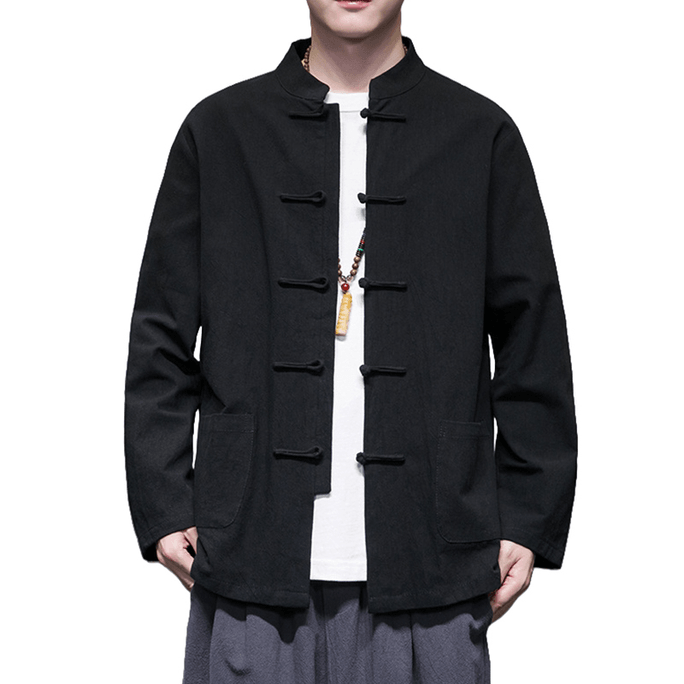 Chinese Style Solid Retro Button Tang Costume Coat Men Hanfu Black Medium