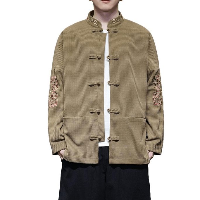 Chinese Style Embroidered Retro Button Tang Costume Jacket Brown 4X-Large