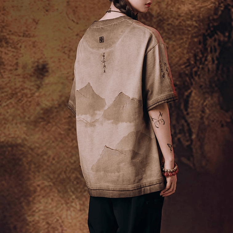 Chinese Style Printed Front Pocket Short Sleeve T-shirt For Men WomenSmall 3