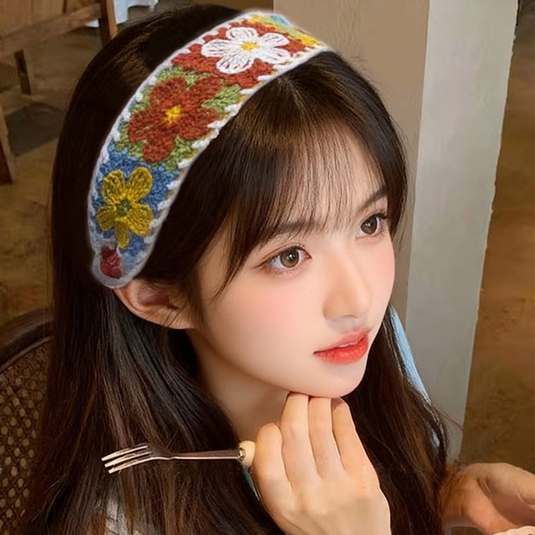 French Floral Knitted Non-Slip Headband for Face Washing, Bangs Sticker with Velcro, Colorful Flower + Pink Square + Purple Pink 3 Pcs Set 5